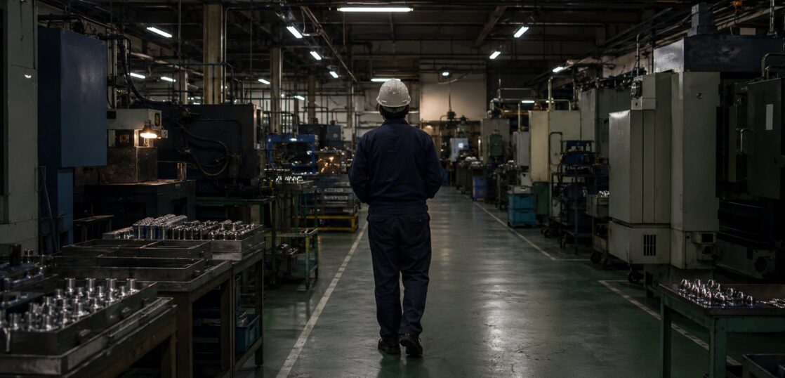 製造工場のラインを見回る作業着の人物の後ろ姿