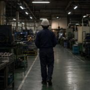 製造工場のラインを見回る作業着の人物の後ろ姿