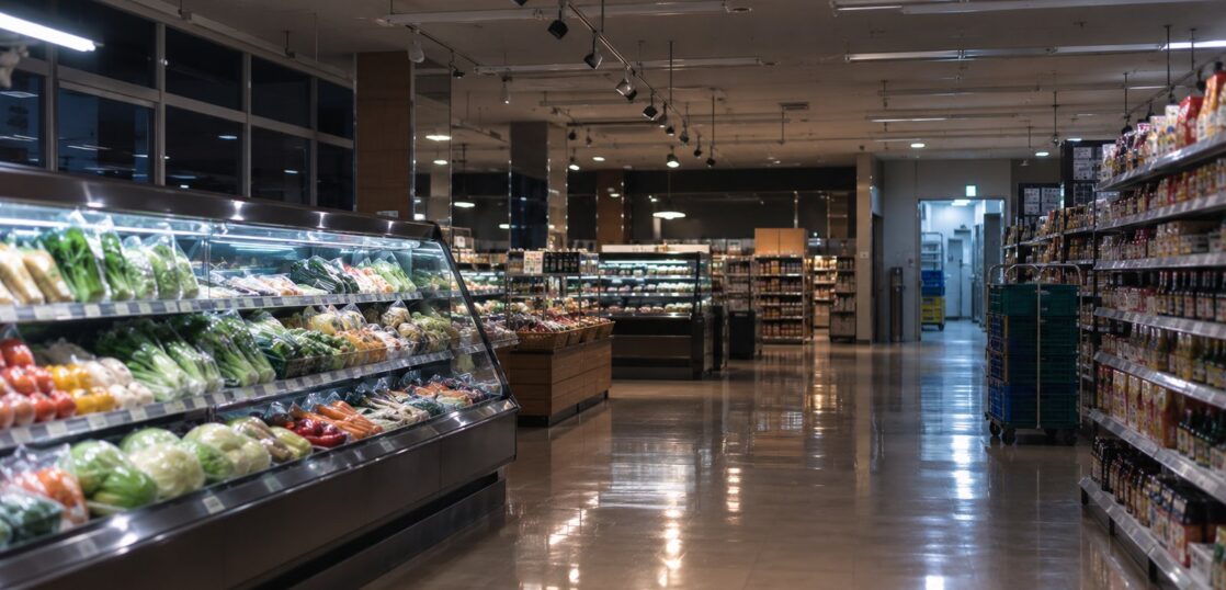 閉店後の薄暗いスーパーマーケットの売り場