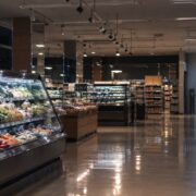 閉店後の薄暗いスーパーマーケットの売り場